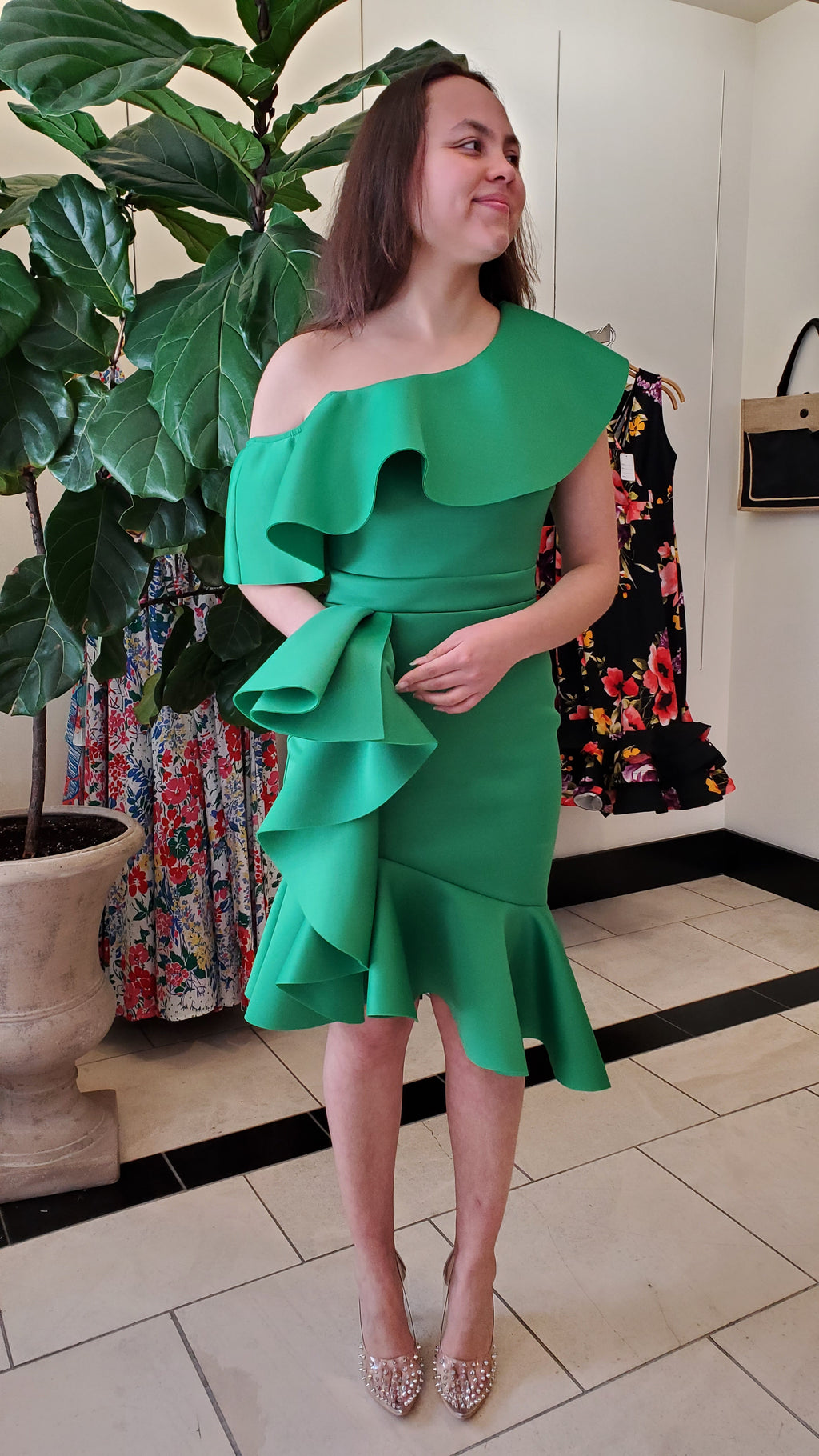 Ruffle Off Shoulder Dress Green