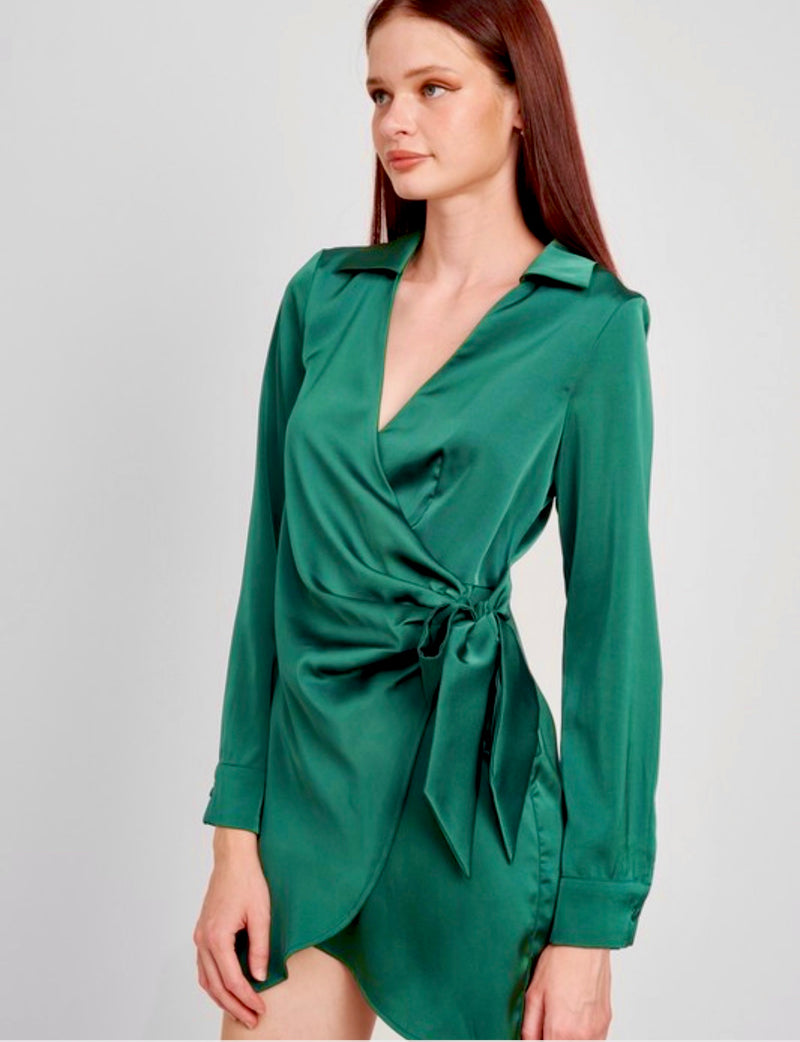 Wrapped Satin Dress Forest Green